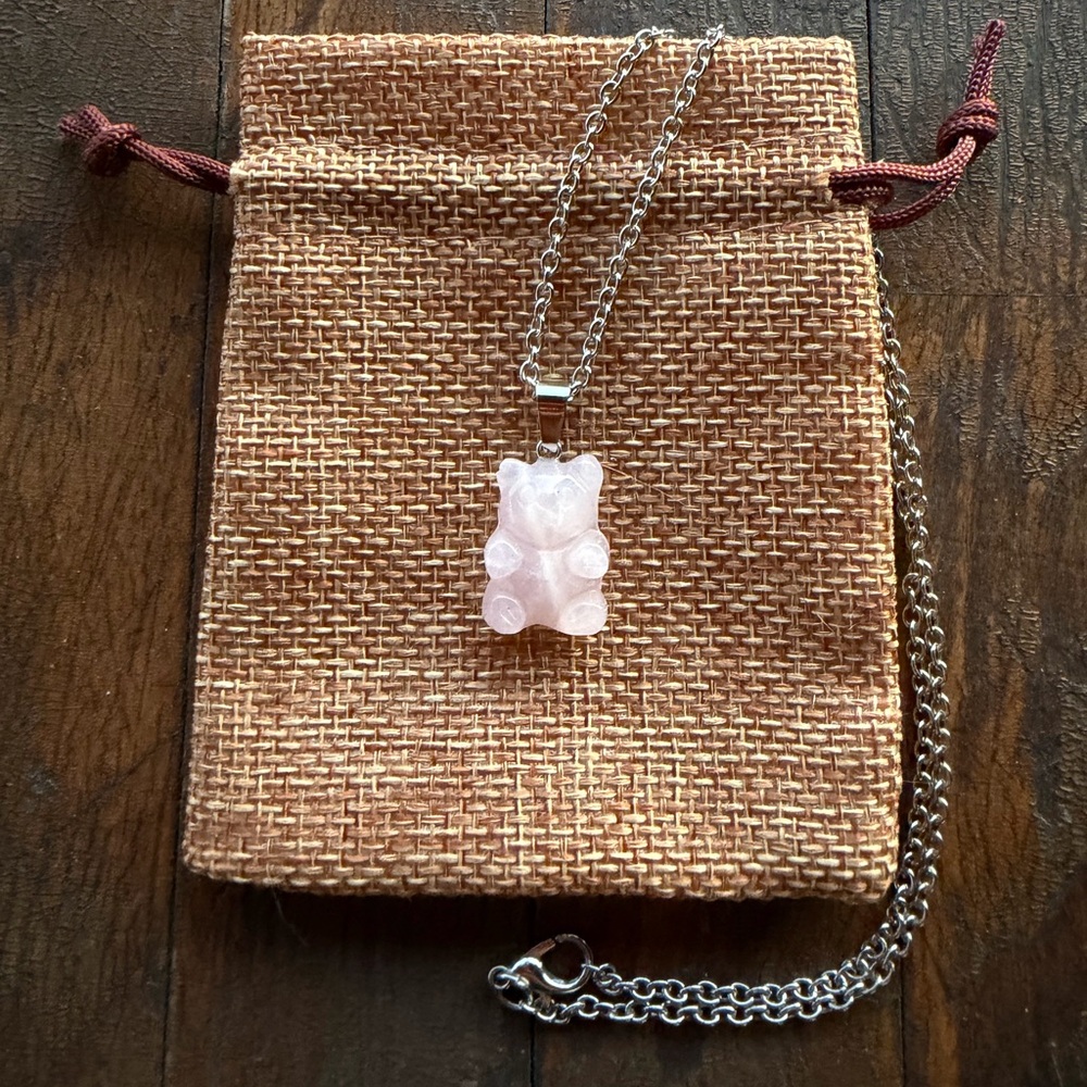 Rose Quartz Teddy Bear Necklace Rose Quartz Necklace Y2K Crystal Necklace